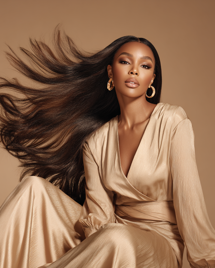 Woman in a beige dress with flowing hair against a brown background